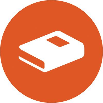 A white icon of a book or ledger is embedded in an orange circle.